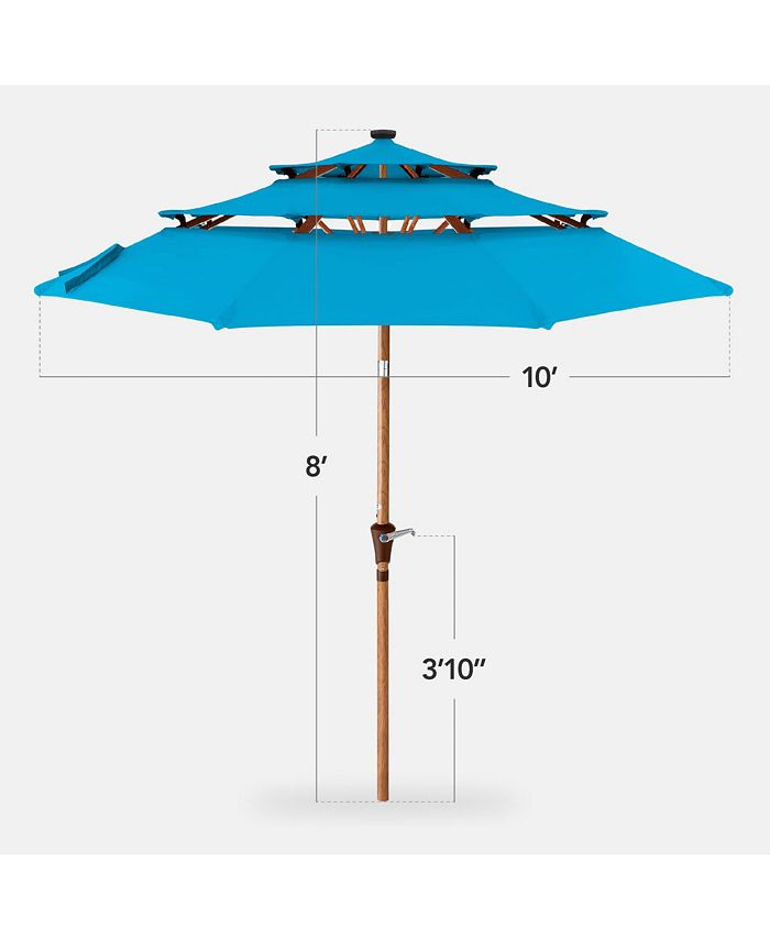 Best Choice Products Woodgrain Pattern 10ft 3-Tier Solar Patio Umbrella w/ 24 LED Lights, Tilt - Blue - B5 - 471