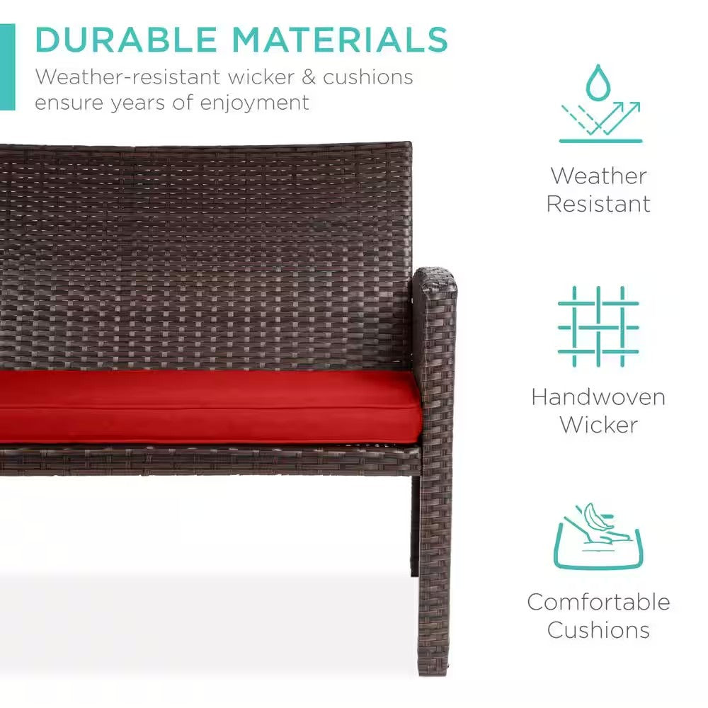 Brown 4-Piece Wicker Patio Conversation Set with Red Cushions, 4 Seats, Tempered Glass Table Top - D8 - 1466