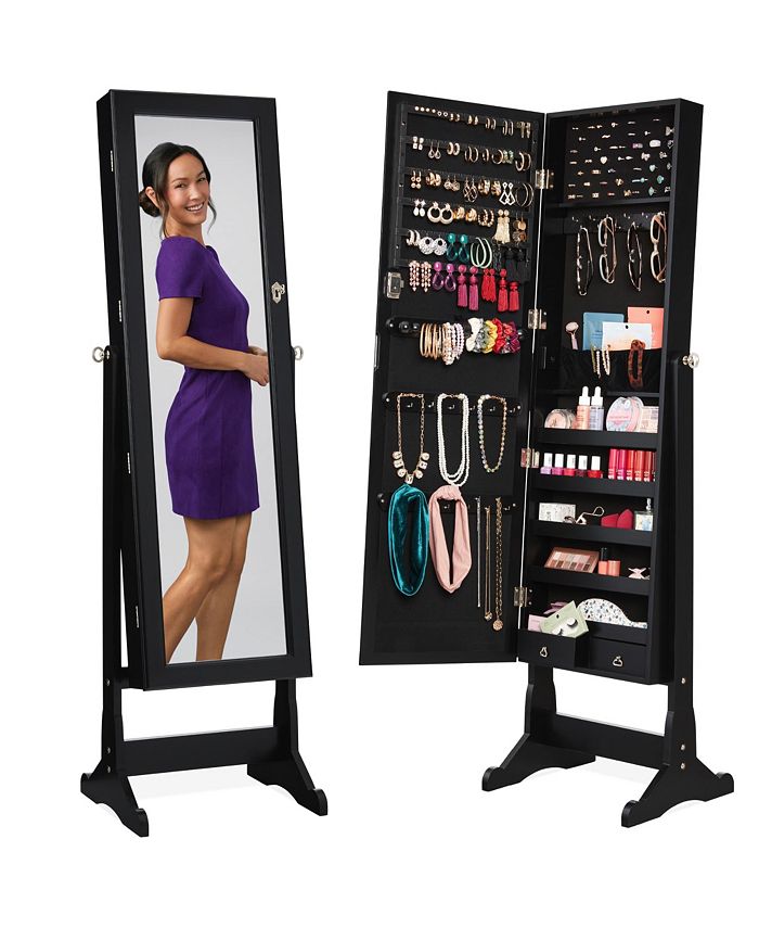 Best Choice Products Jewelry Armoire Cabinet, Full Length Mirror w/ Velvet Storage Interior, Lock - Black - E6 - 1678
