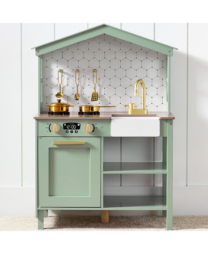 Best Choice Products Pretend Play Wooden Farmhouse Kitchen Set w/ Storage, Clicking Knobs, 5 Accessories - Green - F9 - 1056
