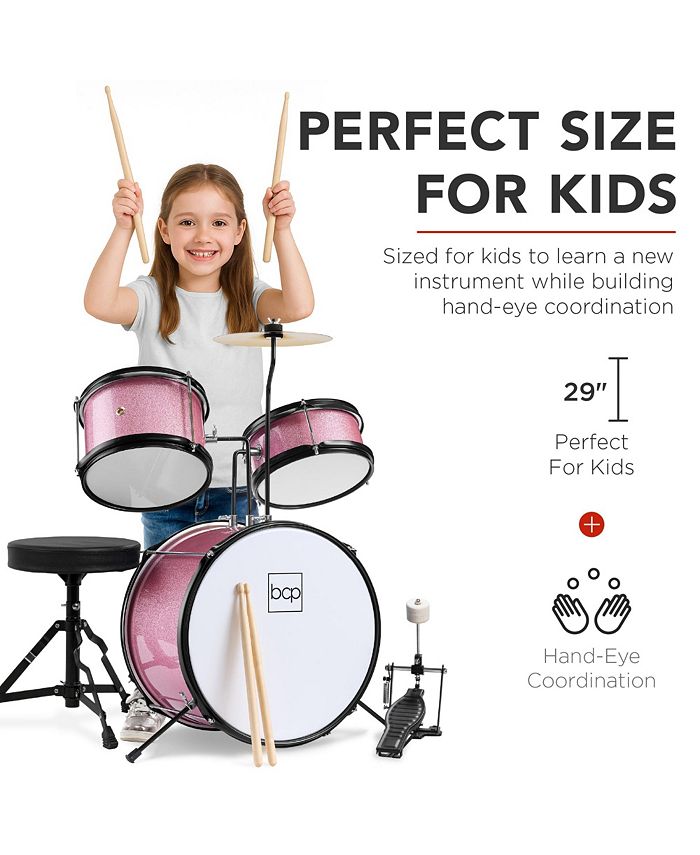 Best Choice Products Kids Beginner 3-Piece Drum, Musical Instrument Set w/ Sticks, Cushioned Stool, Drum Pedal - Pink - No Size - K3 - 1968