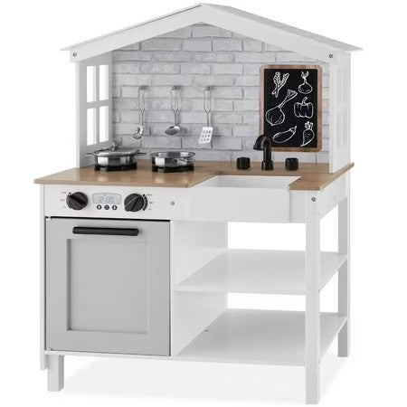 Best Choice Products Farmhouse Play Kitchen Toy for Kids w/ Chalkboard, Storage Shelves, 5 Accessories - Beveled White - A4 - 1423