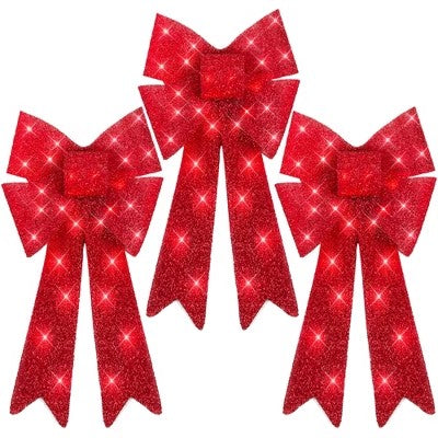 Best Choice Products Set of 3 Pre-Lit Christmas Bows, Indoor/Outdoor LED Holiday Decor w/ 8 Light Functions - Red - E4 - 975
