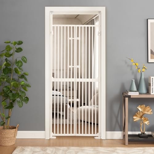 Unipaws 74 Inch High Extra Tall Cat Gate with Doors Locks Narrow Bar Spacing, Pressure Mounted 6 to 8 Feet Tall Adjustable Pet Gate, Cat Door Way Indo - A4 - 430