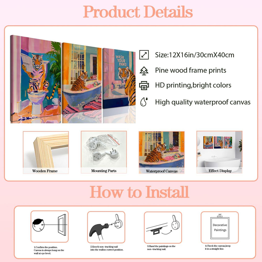 Funny Tiger Bathroom Wall Art Set of 3 Whimsical Tiger in Bathtub Canvas Wall Decor Painting Maximalist Animal Bathroom Poster Print Aesthetic 12x16 inch Framed 1409