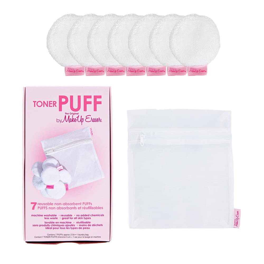 MakeUp Eraser Toner Puff 7pc Set, Reusable and Machine Washable Rounds, Laundry Bag Included -B7-0377 -B7-0378 -F2-0664 -B7-1188