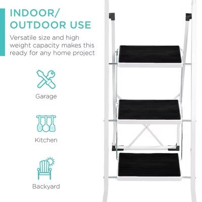 Best Choice Products 3 Step Ladder Folding Lightweight Step Stool for Home w/ Non-Slip Feet, Padded Steps, 330lb White - B7 - 1432