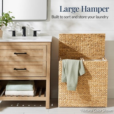 Best Choice Products Large Natural Water Hyacinth Double Laundry Hamper Basket w/ 2 Liner Bags, Handles - Whitewash 1740