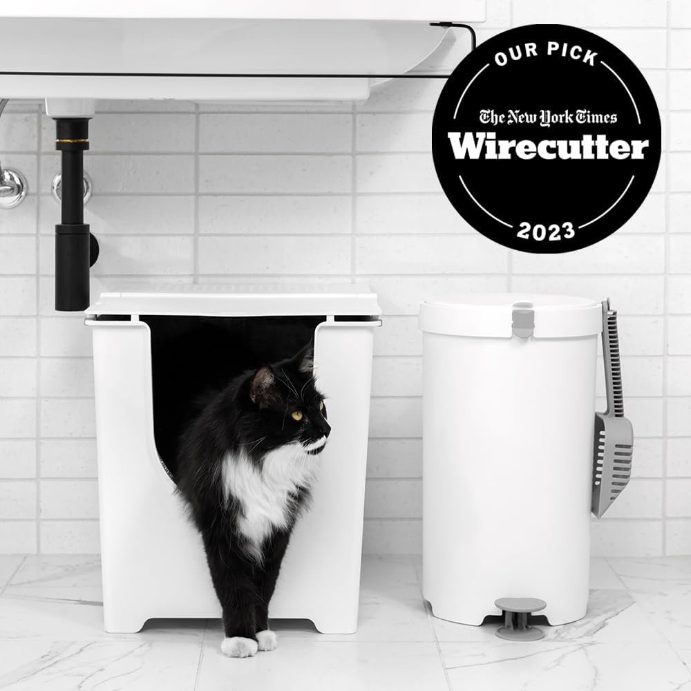 Modkat Flip Litter Box with Lid - Covered Front-Entry Cat Litter Box with Lid - Full Height Seamless Base, Leak-Proof Design - Reusable Liner, Sifting Scoop & 2 Bamboo Charcoal Filters (White) - D7 - 521