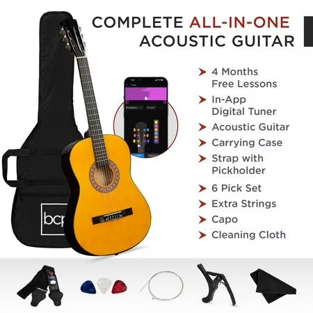 Best Choice Products 38in Beginner Acoustic Guitar Starter Kit w/ Gig Bag, Strap, Extra Strings - Natural - E7 - 1029