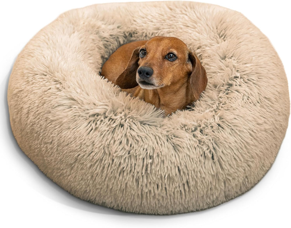 Best Friends by Sheri The Original Calming Donut Dog Bed for Small Dogs up to 25 lbs, Shag Faux Fur, Taupe, 23" x 23" - F9 - 887