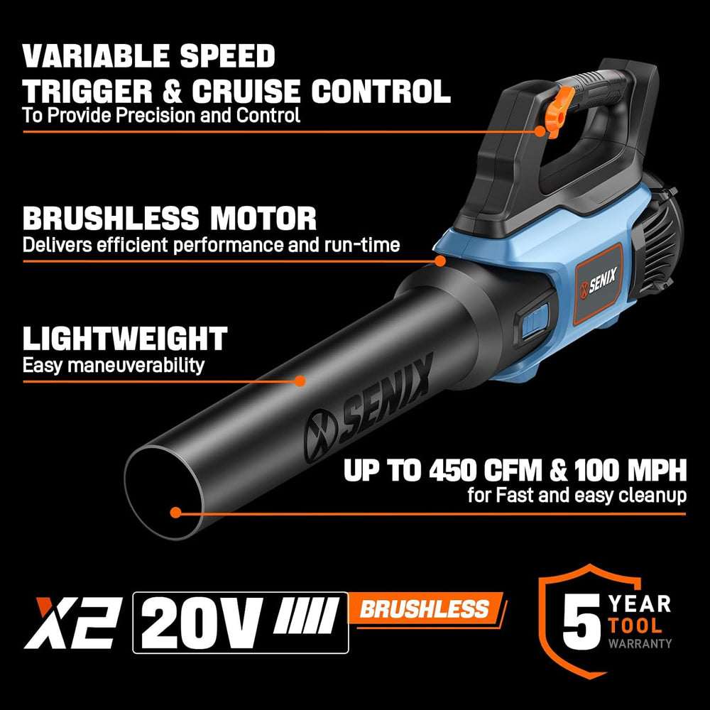 SENIX 20V Max Leaf Blower, Cordless, Brushless, Handheld, Up to 450 CFM and 100 MPH, 2 Speed Mode, Cruise Control, Lightweight, Tool Only, Battery and Charger Not Included(BLAX2-M3-0) 1680