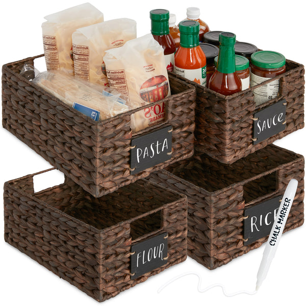 Set of 4 Water Hyacinth Pantry Baskets W/ Chalkboard, Marker - 12in - Brown 800