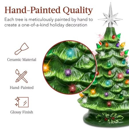 Best Choice Products 15in Ceramic Christmas Tree, Pre-lit Hand-Painted Holiday Decor w/ 64 Lights - Green w/ Multicolor Bulbs - G3 - 1614