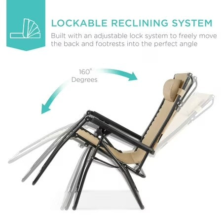 Best Choice Products Folding Zero Gravity Recliner Patio Lounge Chair w/ Canopy Shade, Headrest, Tray - Beige -m1-0001