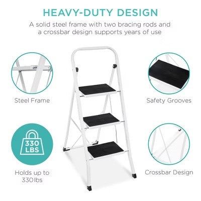 Best Choice Products 3 Step Ladder Folding Lightweight Step Stool for Home w/ Non-Slip Feet, Padded Steps, 330lb White - B7 - 1432