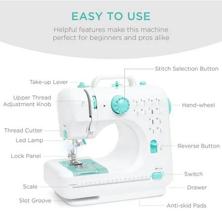 Best Choice Products 6V Portable Sewing Machine, 42-Piece Beginners Kit w/ 12 Stitch Patterns - Teal/White 1245b