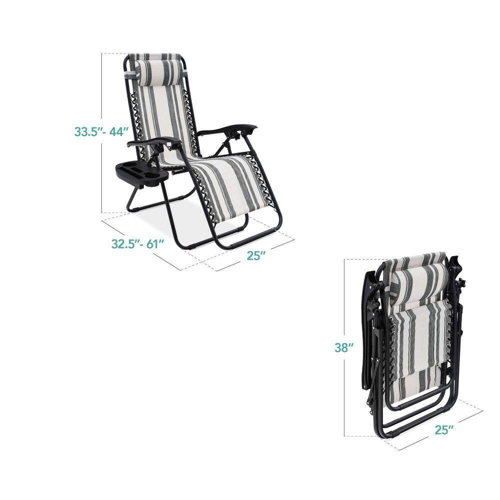 Gray Stripes Metal Zero Gravity Reclining Lawn Chair with Cup Holders (2-Pack) - D10 -597