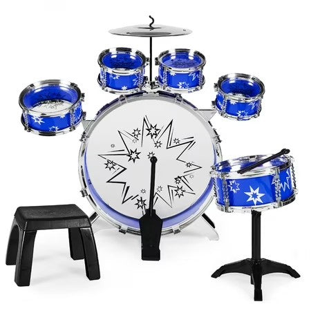 Best Choice Products 11-Piece Kids Starter Drum Set w/ Bass Drum, Tom Drums, Snare, Cymbal, Stool, Drumsticks - Blue - B1 - 1005