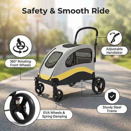 Heavy Duty XL Dog Stroller for Large Pets up to 160 lbs, Collapsible Pet Jogger with Breathable Mesh, 360  Swivel Wheels, Shock Absorption, Adjustable Handle, Storage Pocket, Yellow - M3 - 1983