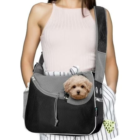 PetAmi Small Dog Sling Carrier, Soft-Sided Crossbody Puppy Carrying Purse Bag, Adjustable Sling Pet Pouch to Wear Medium Dog Cat Travel, Dog Bag for Traveling, Breathable, Poop Bag Dispenser, Black -E10-1877