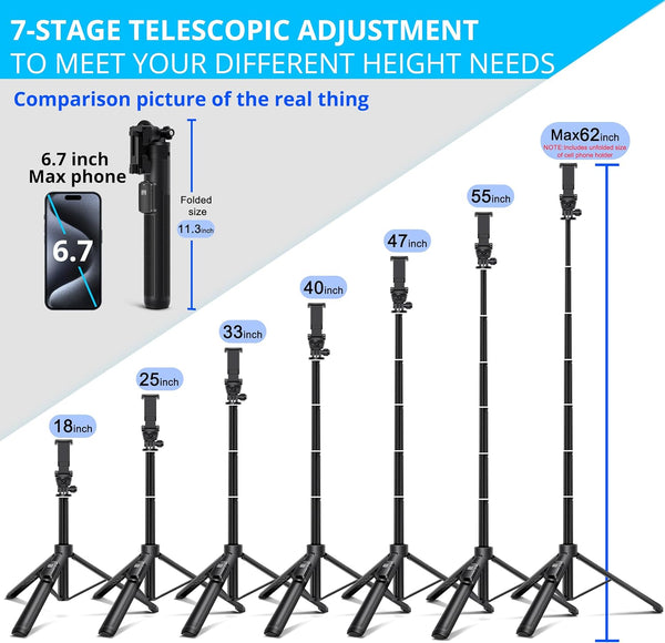 BZE 62 inches Extendable Selfie Stick Tripod with Wireless Remote & Phone Holder, Portable Aluminum Alloy 3 in 1 Stand for Group Photos, Vlogging & Travel Compatible with All Smartphones 1817