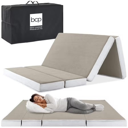 Best Choice Products 4in Thick Folding Portable Queen Tri-Fold Mattress w/ Carry Case, Washable Cover - Taupe - L1 - 1947