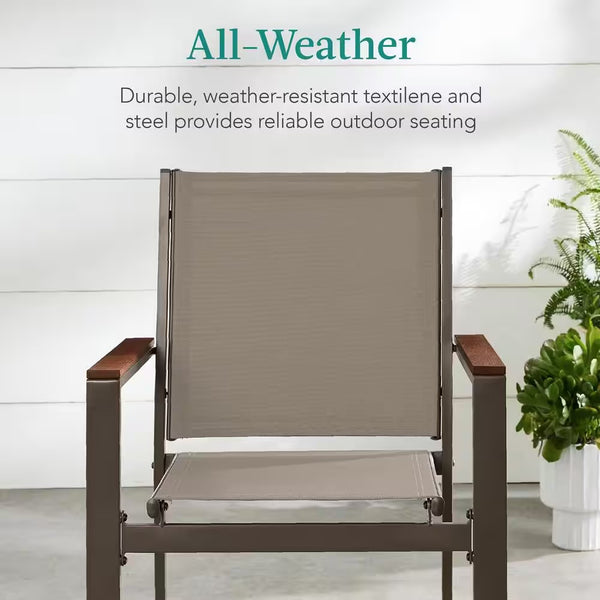 Set of 2 Brown Textilene Chairs with Brown Armrests, Steel Conversation Accent Furniture for Patio -h2-0777