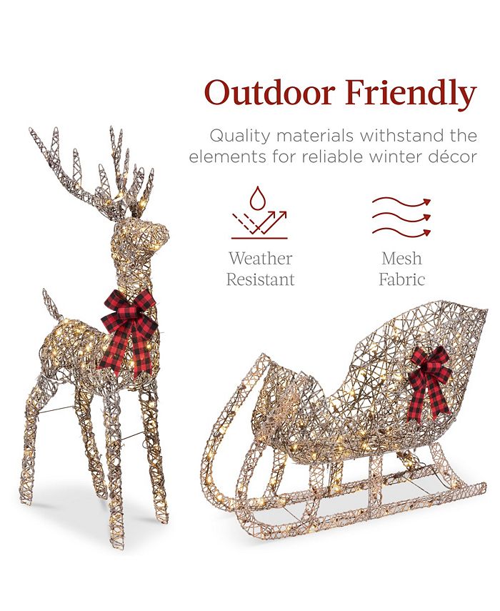 Best Choice Products Lighted Christmas 4ft Reindeer & Sleigh Outdoor Yard Decoration Set w/ 205 LED Lights, Stakes - Brown - D7 - 1465