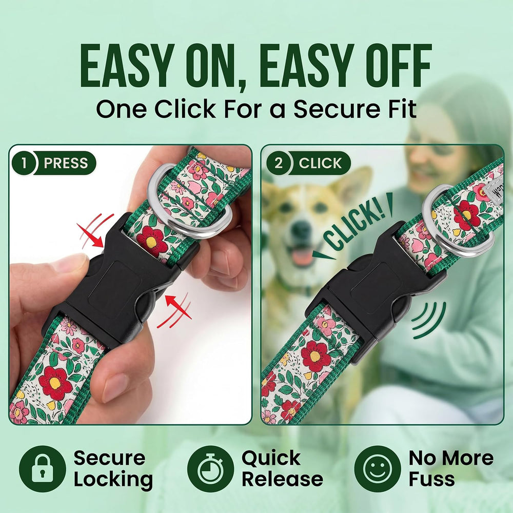 THE WORTHY DOG Adjustable Dog Collar for Medium Dogs, Durable Nylon Webbing, Quick Release Buckle, Spring Garden Floral Pattern, Coral, Medium -F10-1873