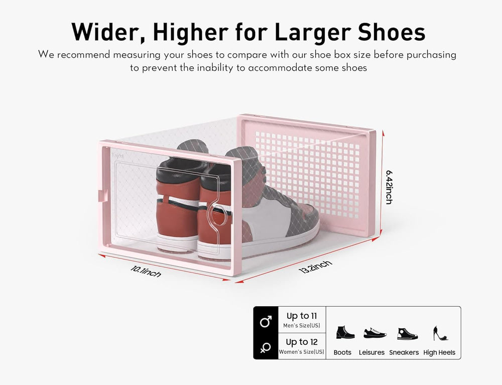 Kuject X-Large Shoe Storage Boxes Organizers Clear Plastic Stackable 12 Pack, Shoe Rack & Holder Substitute, Sneaker Containers, Toy Storage Organizer Bins for Entryway, Closet, Under Bed, Pink 1464