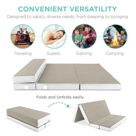 Best Choice Products 4in Thick Folding Portable Queen Tri-Fold Mattress w/ Carry Case, Washable Cover - Taupe - L1 - 1947