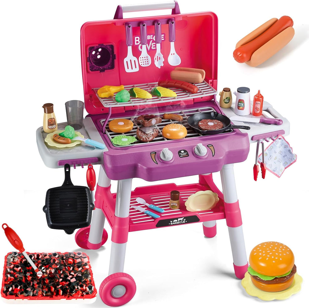Kids Kitchen Toy Set, Kids BBQ Grill Playset with Smoke Sound Light, 2-Layer Barbecue Toy with Wheel, Simulation Cooking Interactive Toys, Kid Kitchen Playset, Christmas Birthday Gift for Boys Girls 1289