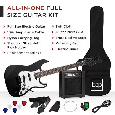 Best Choice Products 39in Full Size Beginner Electric Guitar Kit with Case, Strap, Amp, Whammy Bar - Jet Black -F1-1602