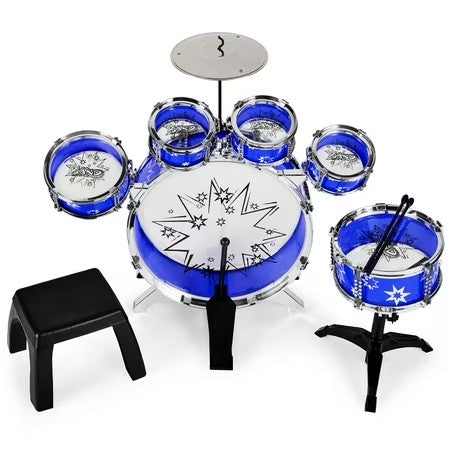 Best Choice Products 11-Piece Kids Starter Drum Set w/ Bass Drum, Tom Drums, Snare, Cymbal, Stool, Drumsticks - Blue - B1 - 1005
