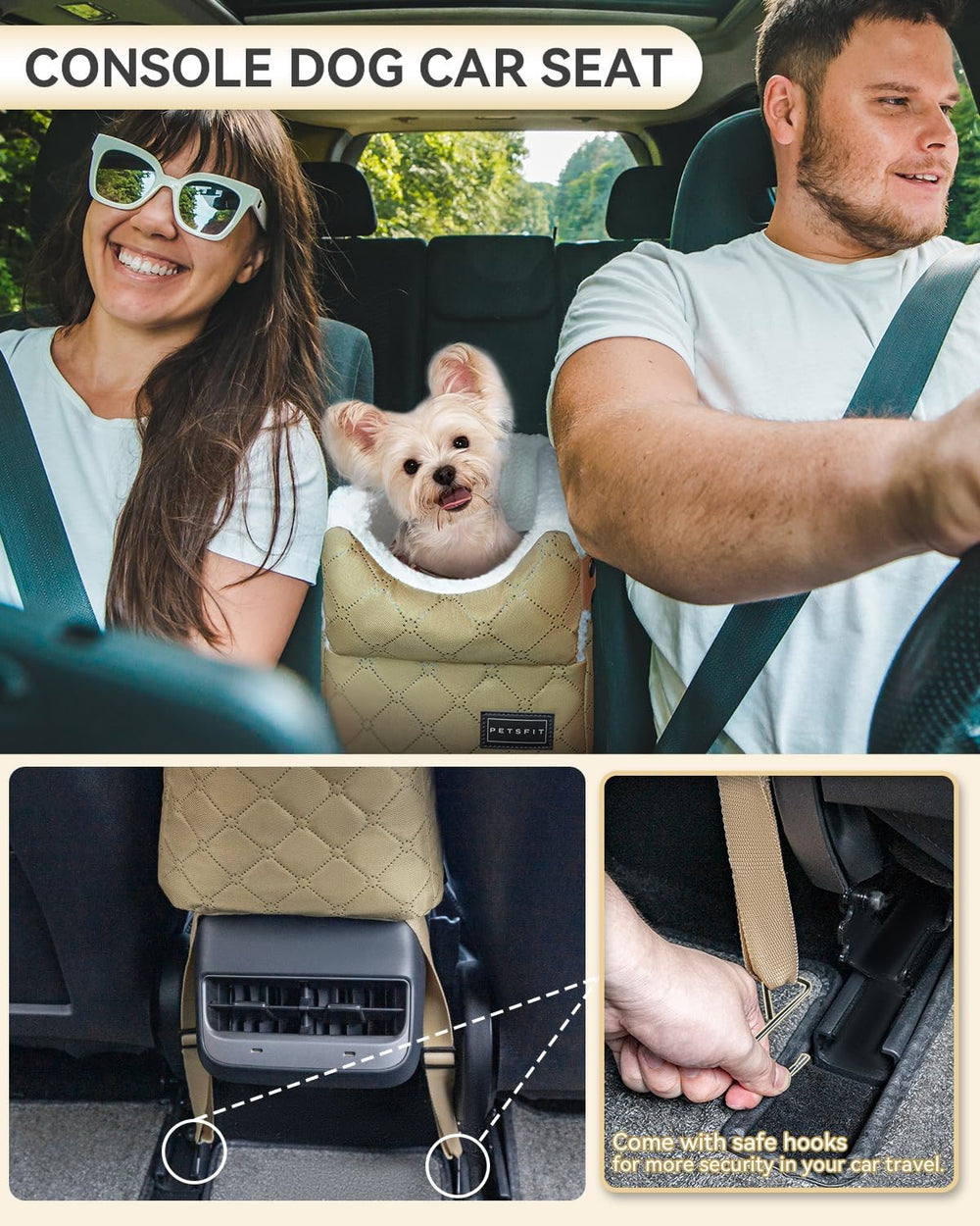 PETSFIT Dog Car Seats for Small Dogs with Safe Protection Hooks, Small Dog Car Seat with Upgraded Safety Tethers, Washable Cushion, Center Console Dog Car Seat (Yellow) - J1 - 1987
