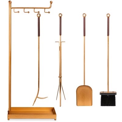 Best Choice Products 5-Piece Modern Contemporary Indoor Outdoor Antique Fireplace Tool Set w/ Ergonomic Handles - Gold -A10-0595