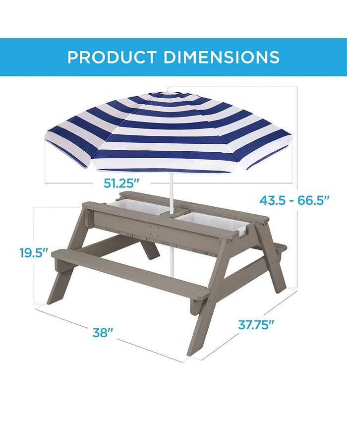 Best Choice Products Kids 3-in-1 Outdoor Convertible Activity Sand & Water Picnic Table w/ Umbrella - Gray - H6 - 100