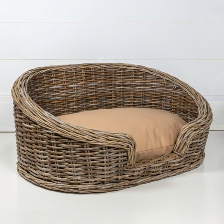 THE LICKER STORE Curvy 33" x 21.25" Classic Handwoven Rattan Pet Bed with Machine-Washable Cushion, Kubu Gray, DBD1001A - H2 - 985