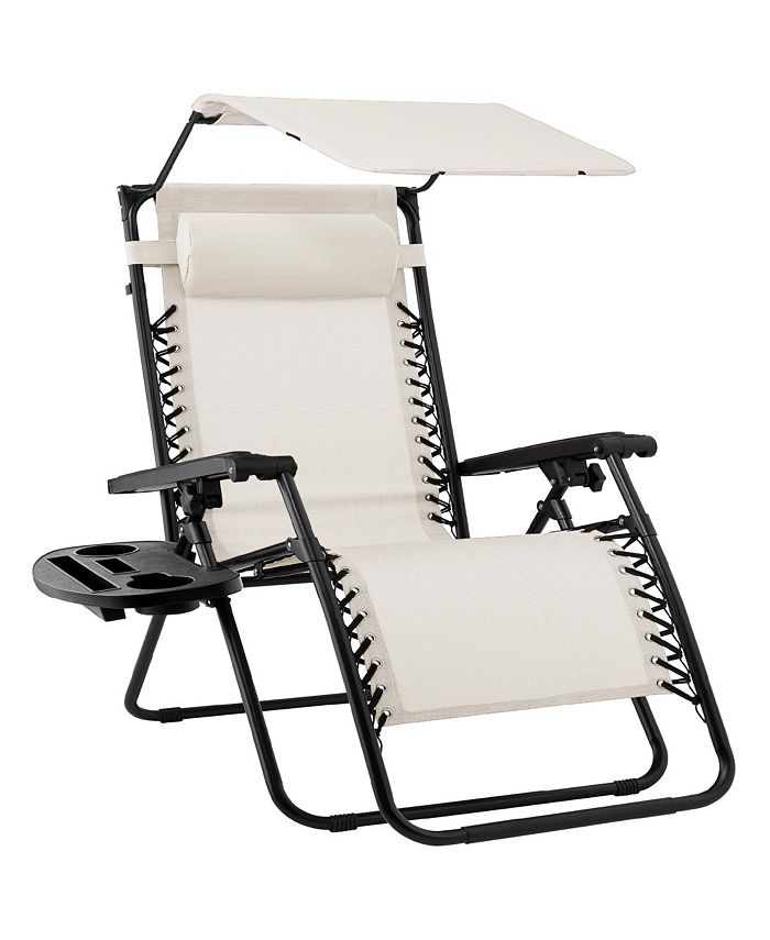 Best Choice Products Folding Zero Gravity Recliner Patio Lounge Chair w/ Canopy Shade, Headrest, Tray - Ivory/Cream 1805