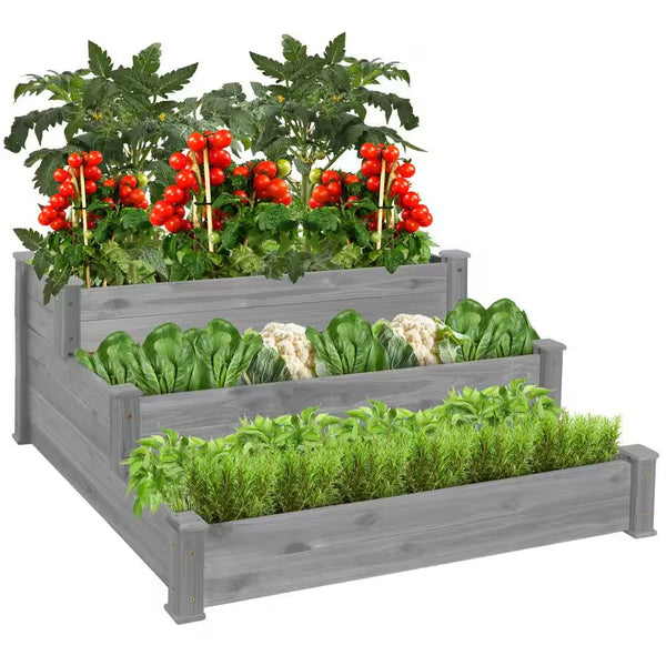 4 ft. x 4 ft. 3-Tier Wooden Raised Garden Bed Planter Kit for Plants, Vegetables, Outdoor Gardening - Gray - M8 - 1913