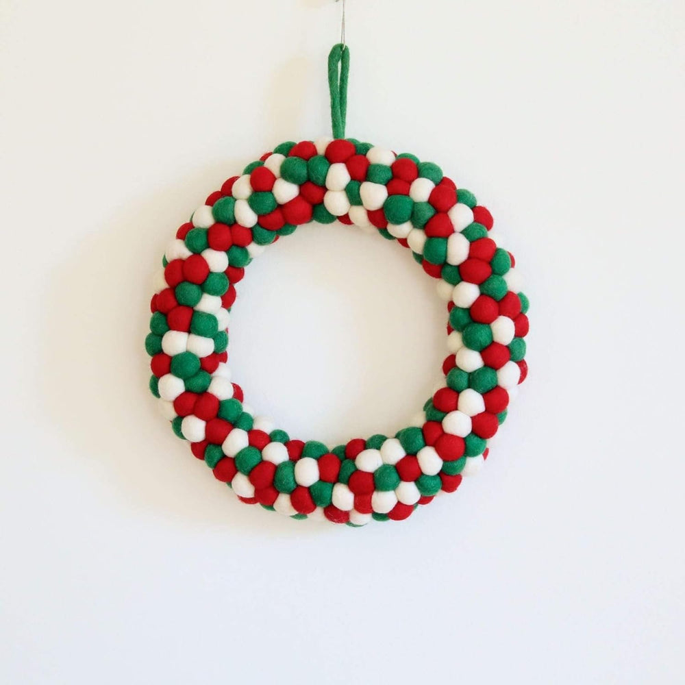 Handmade Felt Pompom Ball Christmas Wreath, Pompom Ball Holiday Door Decor, Fair Trade Handcrafted Pompom Ball Wreath for a Warm Christmas, Unique Boho Holiday Decoration - B3 - 1365