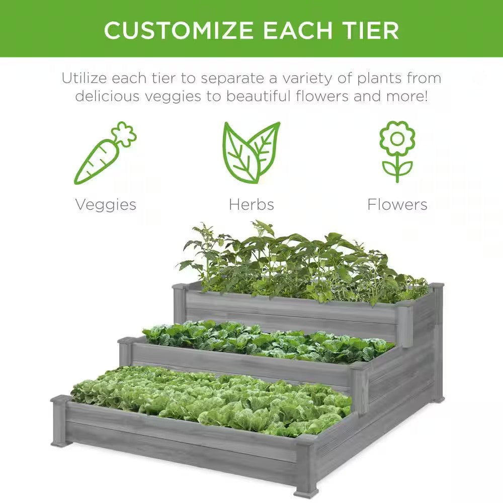 4 ft. x 4 ft. 3-Tier Wooden Raised Garden Bed Planter Kit for Plants, Vegetables, Outdoor Gardening - Gray - M8 - 1913