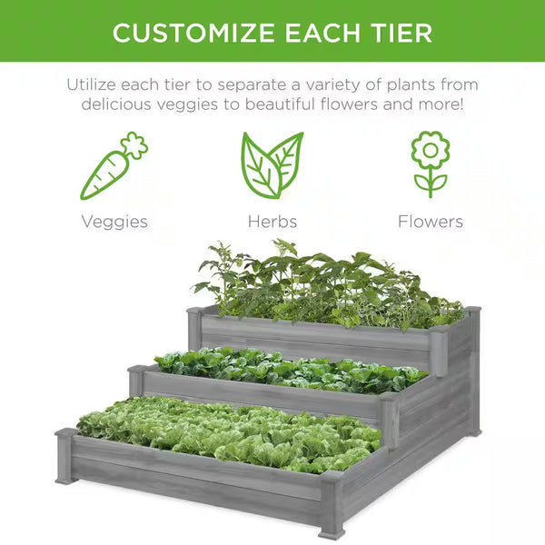 4 ft. x 4 ft. 3-Tier Wooden Raised Garden Bed Planter Kit for Plants, Vegetables, Outdoor Gardening - Gray - M8 - 1913