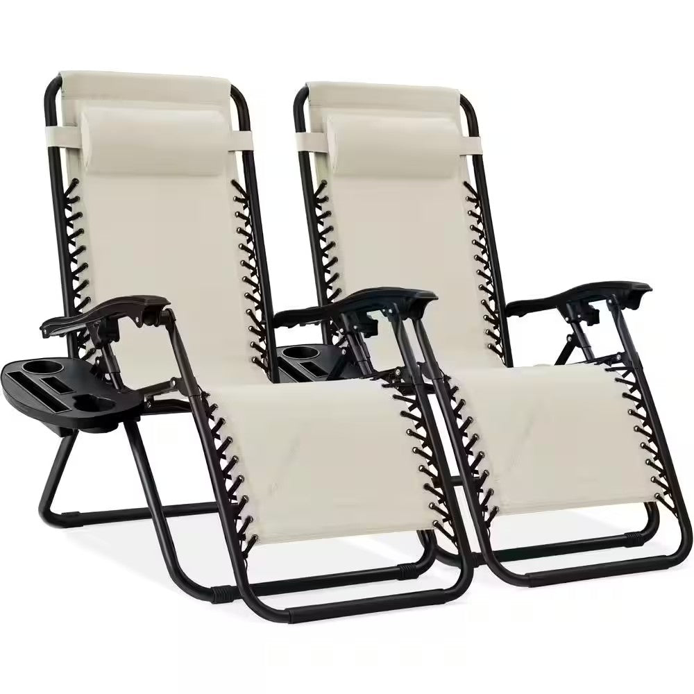 Ivory Metal Zero Gravity Reclining Lawn Chair with Cup Holders (2-Pack) - M3-1546