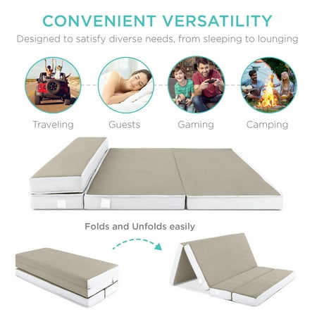 Best Choice Products 4in Thick Folding Portable Queen Tri-Fold Mattress w/ Carry Case, Washable Cover - Taupe - L1 - 1947 -C10-0487