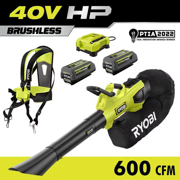 RYOBI 40V HP Brushless 100 MPH 600 CFM Cordless Leaf Blower/Mulcher/Vacuum with (2) 4.0 Ah Batteries and Charger - 1116