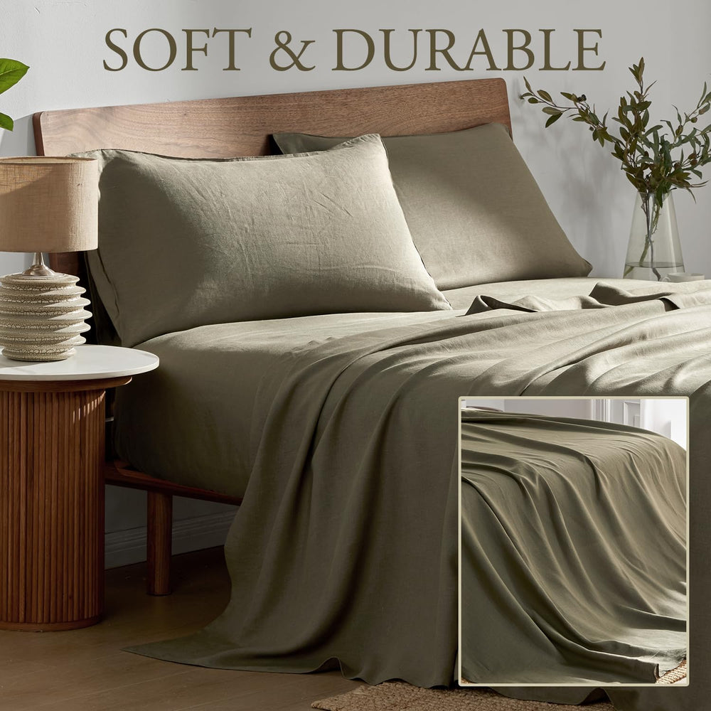 DAPU Pure Linen Sheets Set, 100% French Linen from Normandy, Breathable and Durable for Hot Sleepers, 4 Pcs Set - 1 Flat Sheet, 1 Fitted Sheet, 2 Pillowcase (Forest Green, King) 1303