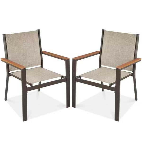 Set of 2 Brown Textilene Chairs with Brown Armrests, Steel Conversation Accent Furniture for Patio -h2-0777