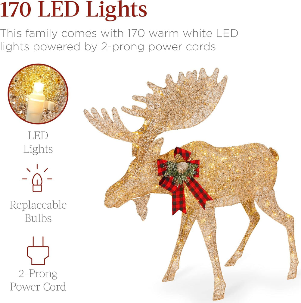 Best Choice Products 2-Piece Moose Family, Lighted Outdoor All-Weather Christmas Yard Decoration Light-Up D cor Set w/ 170 LED Lights, Ground Stakes, Zip Ties - Gold - A8 - 1459